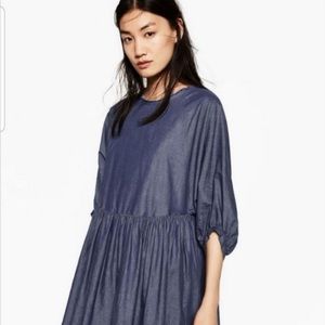 Zara Oversized Frayed Neckline Babydoll Dress Chambray Size Medium